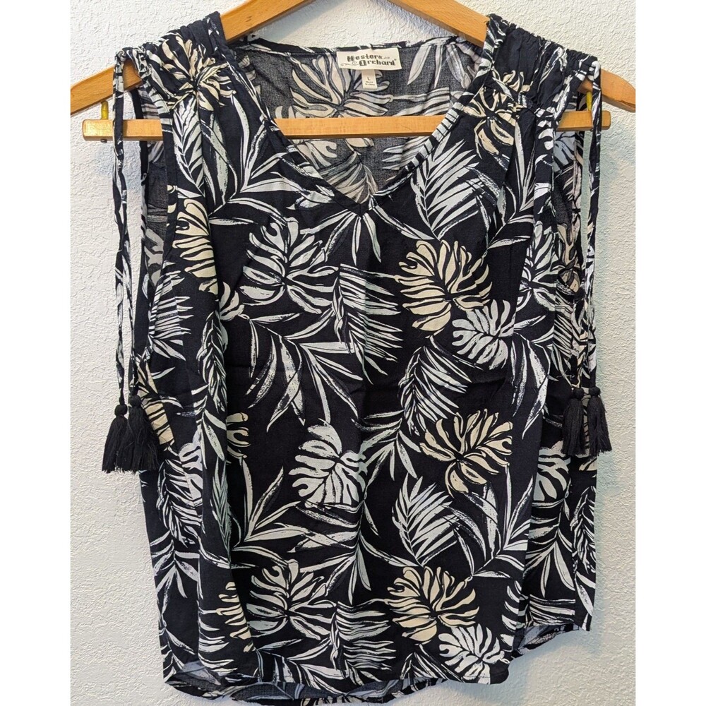 Hester & Orchard Tank Top size L Large Black White Floral Stretchy Fabric (400m)